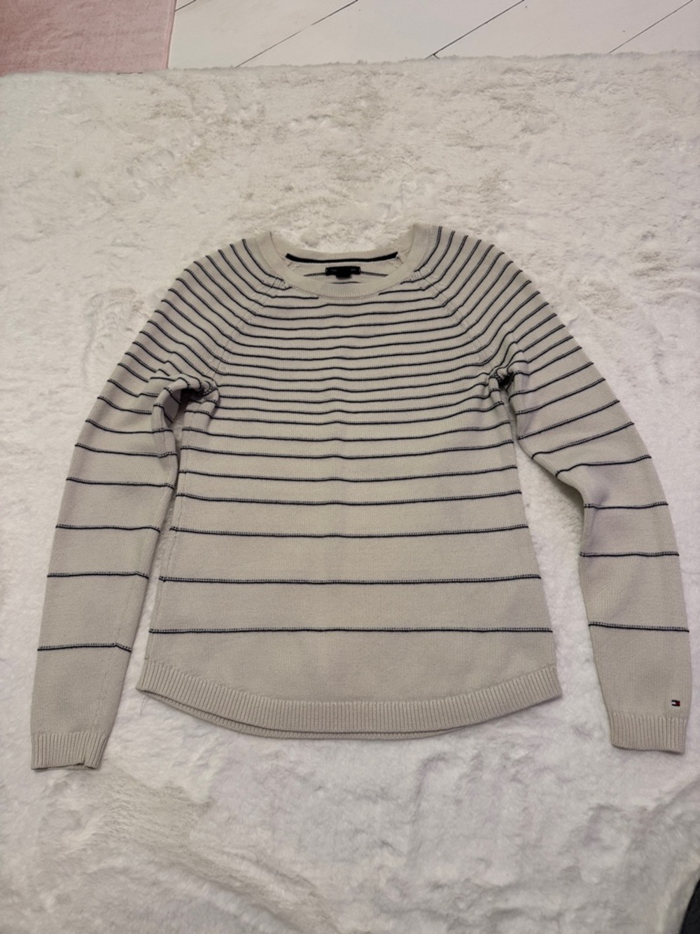 Tommy Hilfiger Cream and Navy Striped Crewneck Sweater
